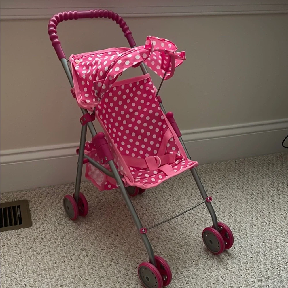 Pink and White Doll Stroller with Foldable Frame and Adjustable Canopy - Picture 1 of 3